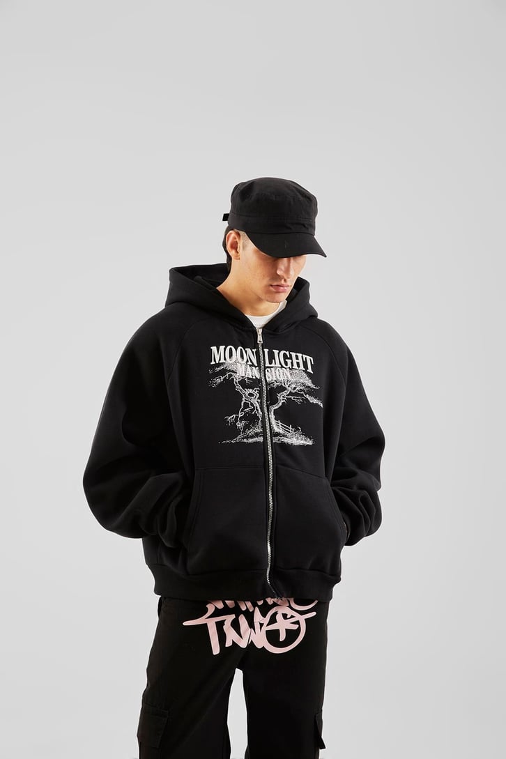 Moonlight Mansion Baskılı Siyah Oversize Zip Hoodie