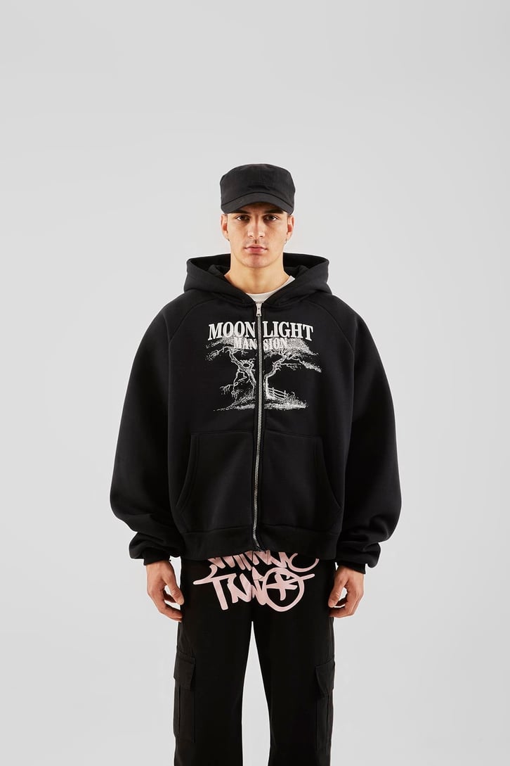 Moonlight Mansion Baskılı Siyah Oversize Zip Hoodie