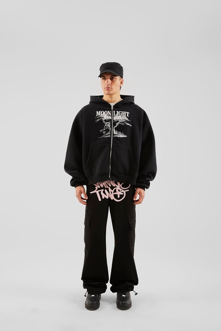 Moonlight Mansion Baskılı Siyah Oversize Zip Hoodie