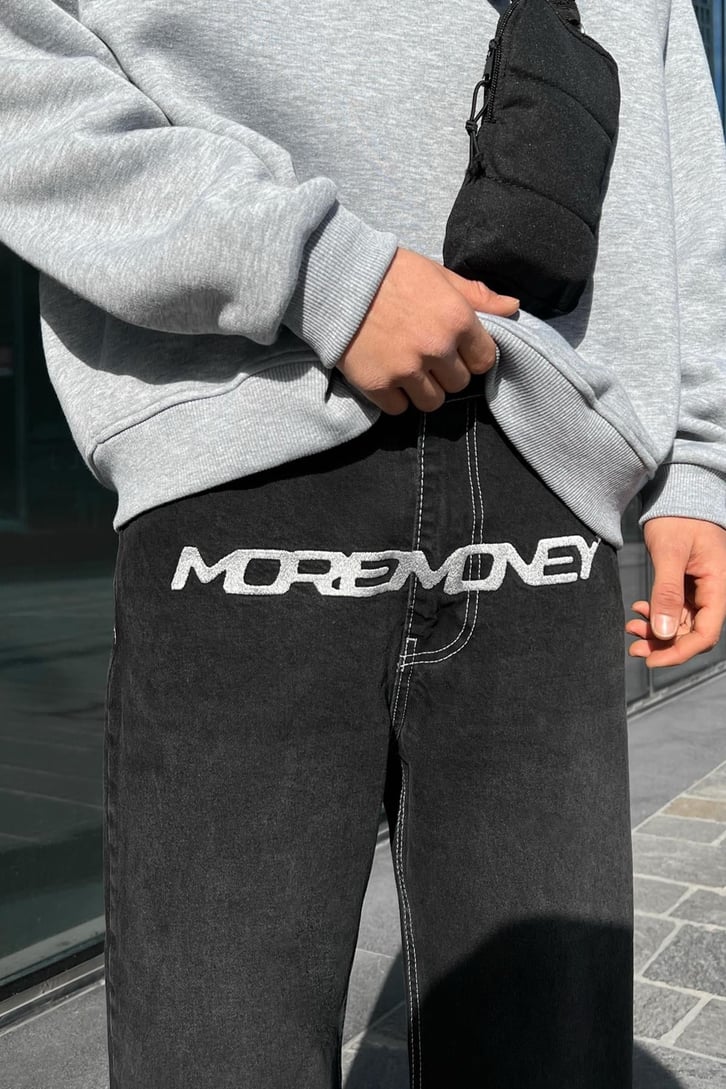 Moremoney Nakışlı Antrasit Baggy Jean