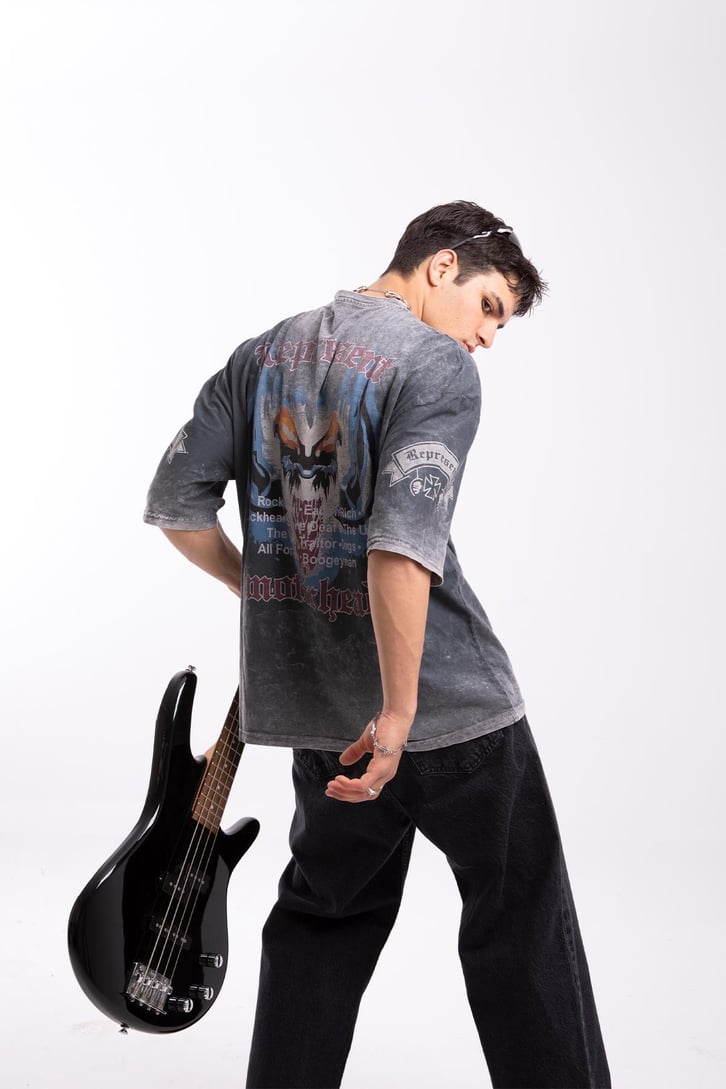 Motörhead Baskılı Acid Wash Oversize Tshirt