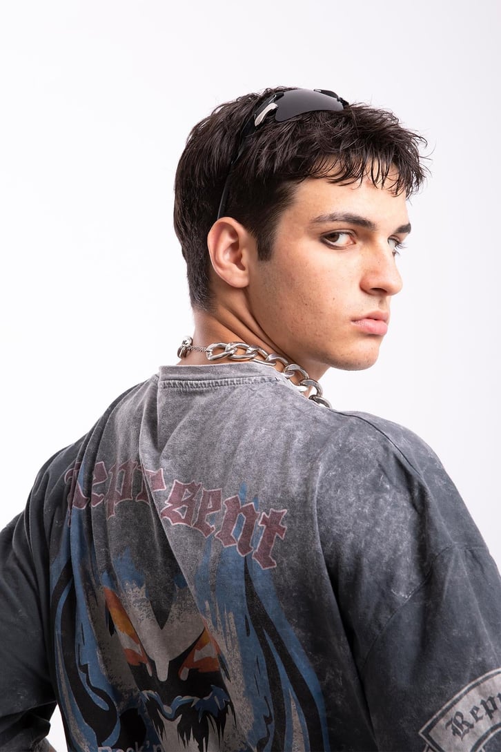 Motörhead Baskılı Acid Wash Oversize Tshirt