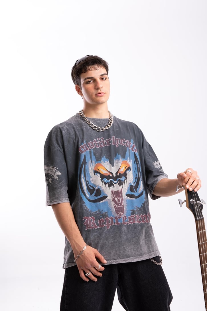 Motörhead Baskılı Acid Wash Oversize Tshirt