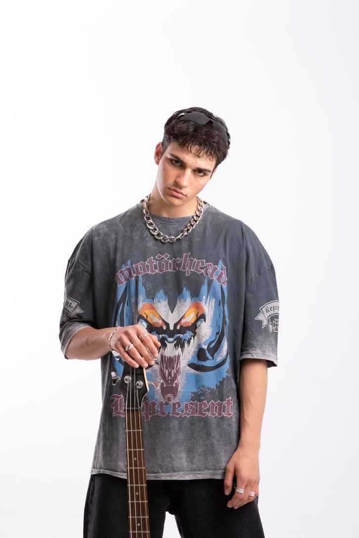 Motörhead Baskılı Acid Wash Oversize Tshirt