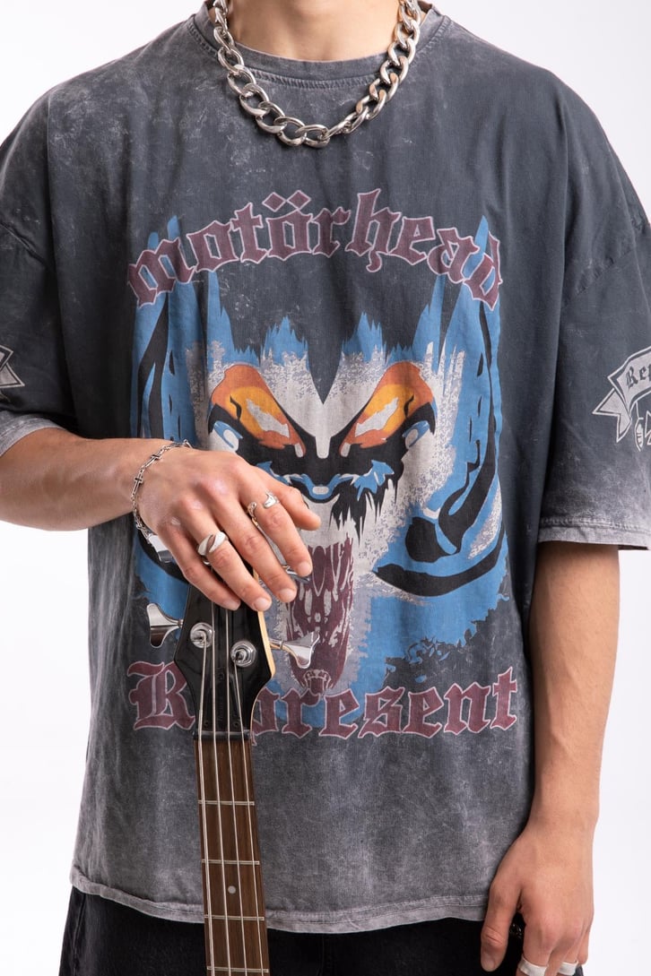 Motörhead Baskılı Acid Wash Oversize Tshirt