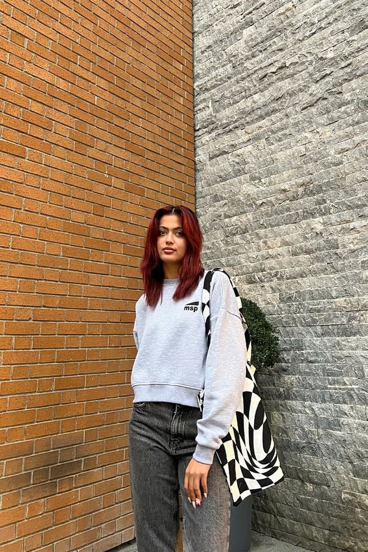 Msp Nakışlı Gri Crop Sweatshirt