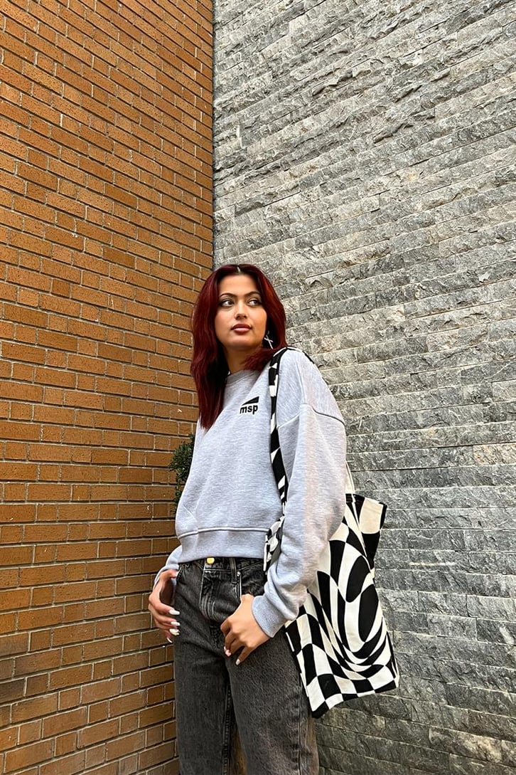 Msp Nakışlı Gri Crop Sweatshirt