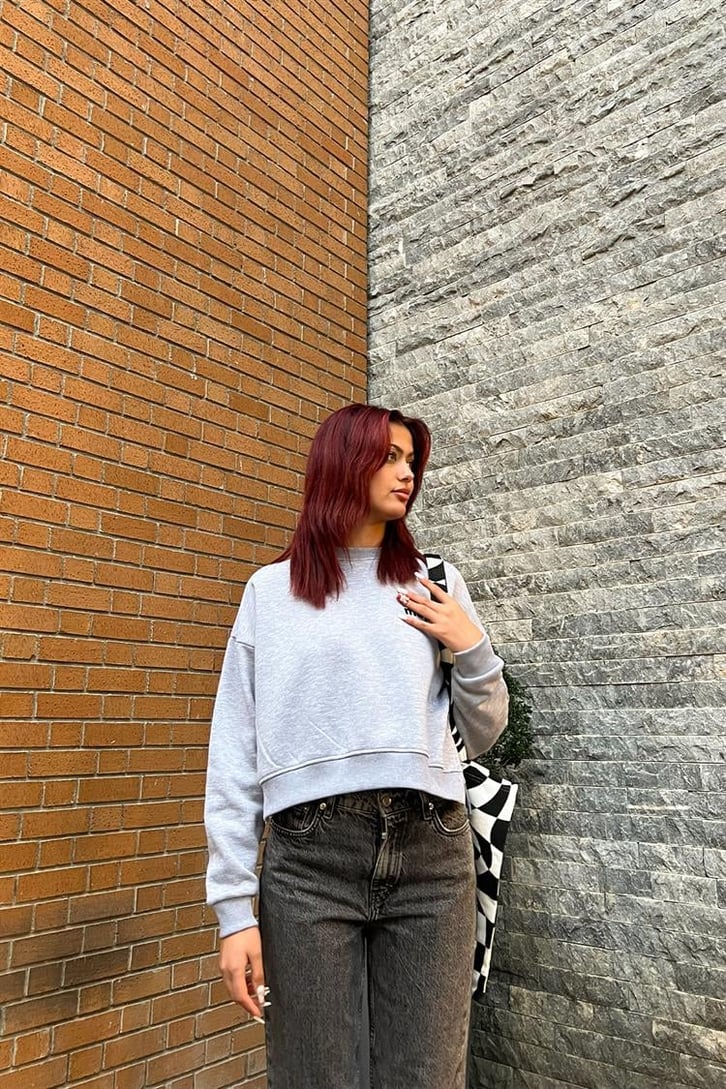 Msp Nakışlı Gri Crop Sweatshirt