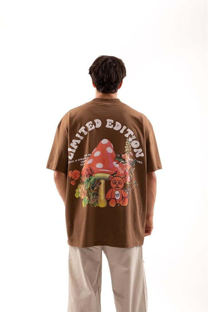 Mushroom Bear Baskılı Kahverengi Oversize Tişör