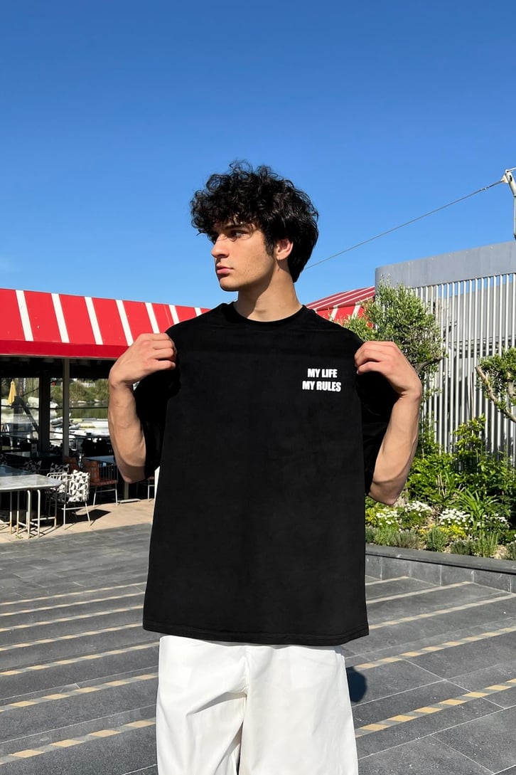 My Life My Rules Baskılı Oversize Tişört