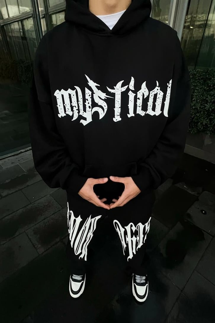 Mystical Baskılı Siyah Oversize Hoodie