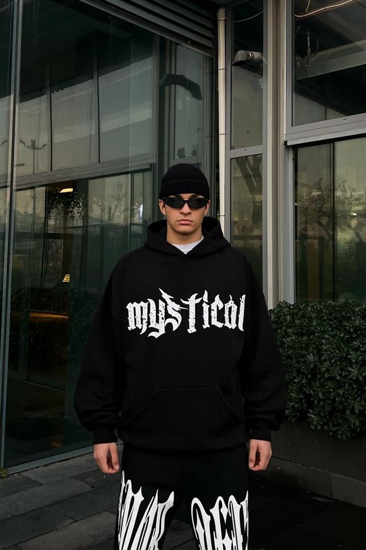 Mystical Baskılı Siyah Oversize Hoodie