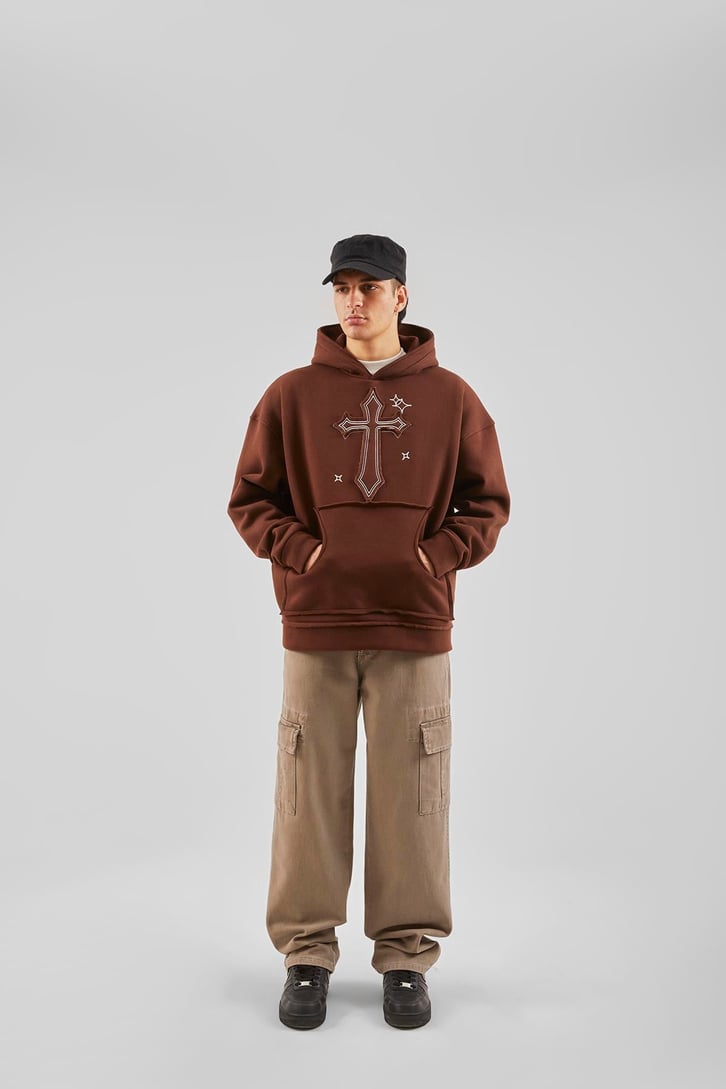 Nakış Detaylı Bej Oversize Hoodie