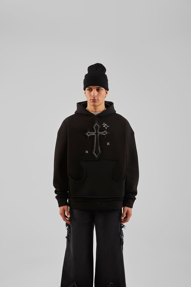 Nakış Detaylı Gri Oversize Hoodie