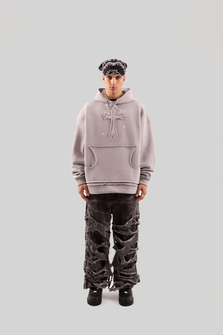 Nakış Detaylı Gri Oversize Hoodie