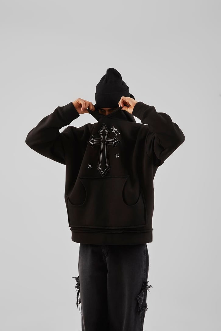 Nakış Detaylı Gri Oversize Hoodie