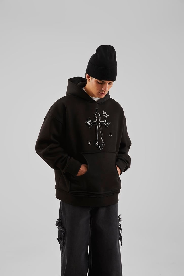 Nakış Detaylı Gri Oversize Hoodie