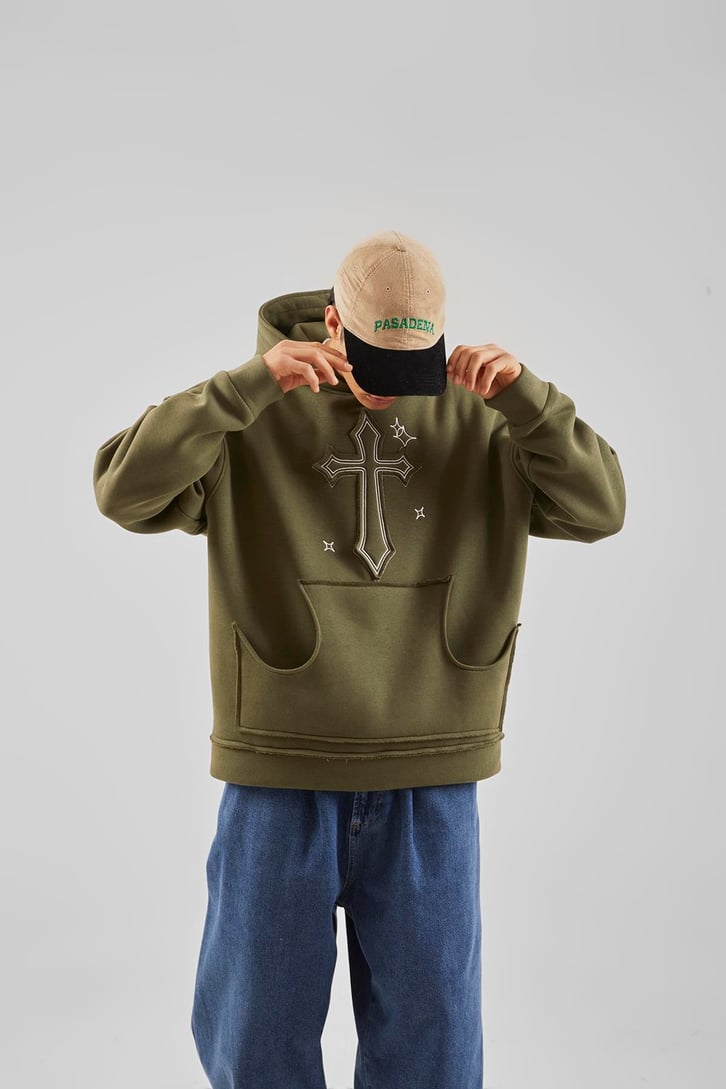 Nakış Detaylı Haki Oversize Hoodie