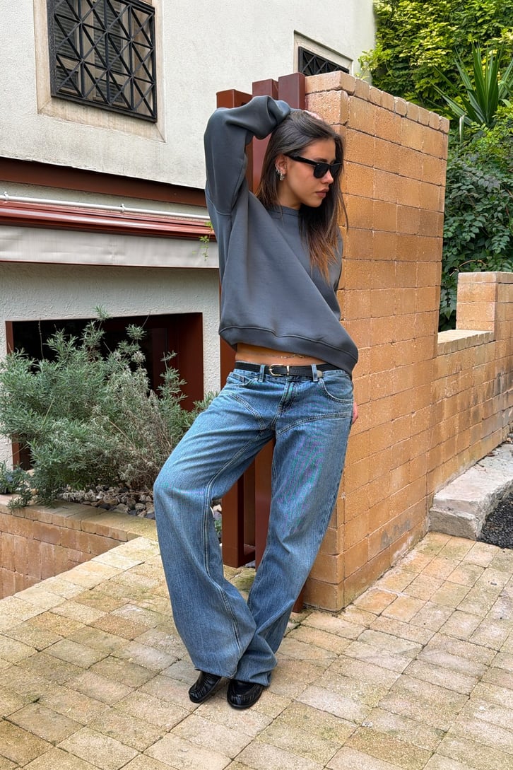 Nakışlı Bisiklet Yaka Boxie Sweatshırt