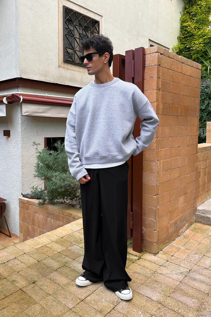 Nakışlı Bisiklet Yaka Boxie Sweatshırt