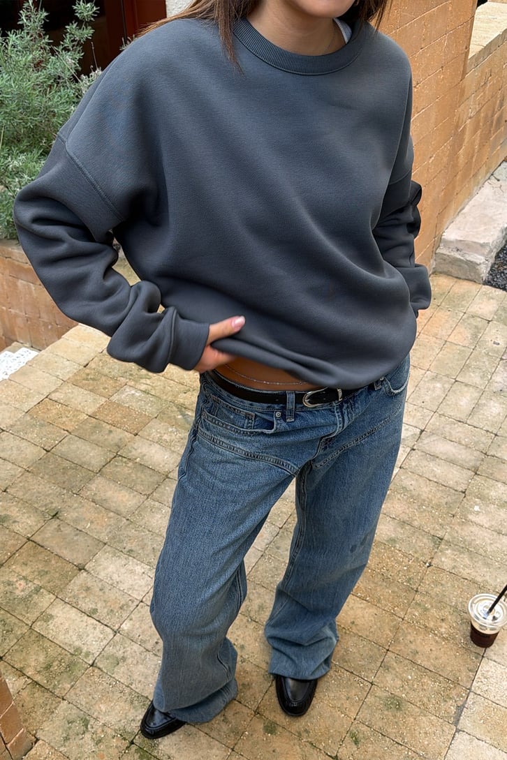 Nakışlı Bisiklet Yaka Boxie Sweatshırt