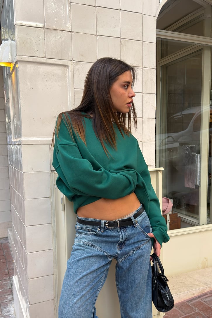 Nakışlı Bisiklet Yaka Boxie Sweatshırt