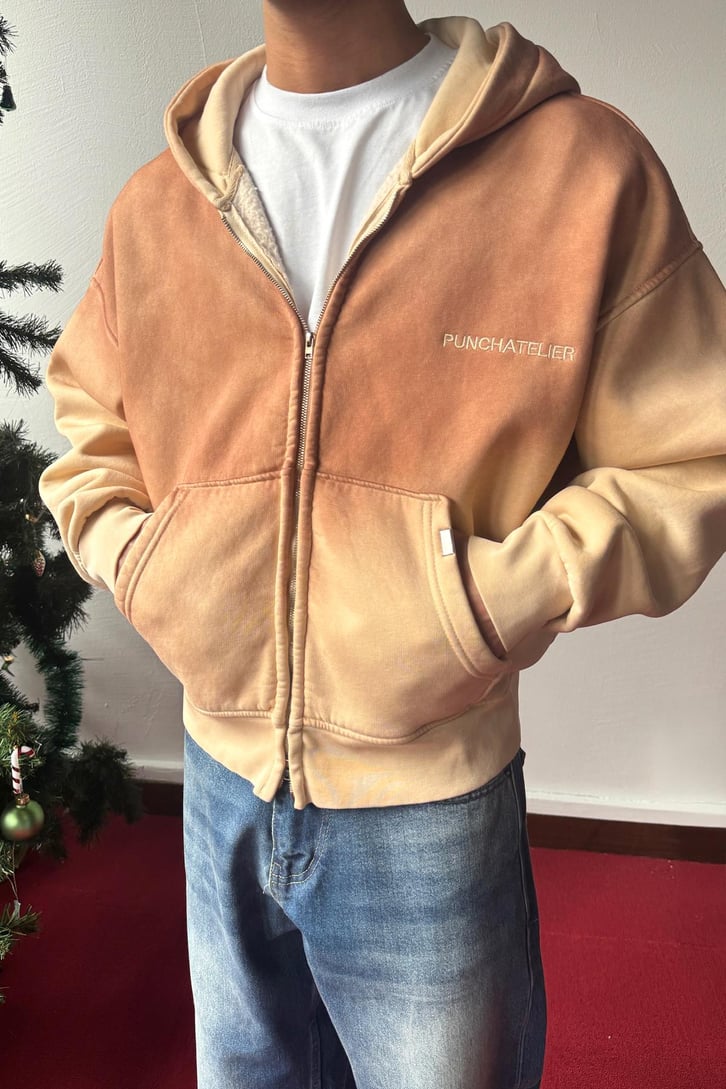 Nakışlı Crop Zip Hoodie Bej