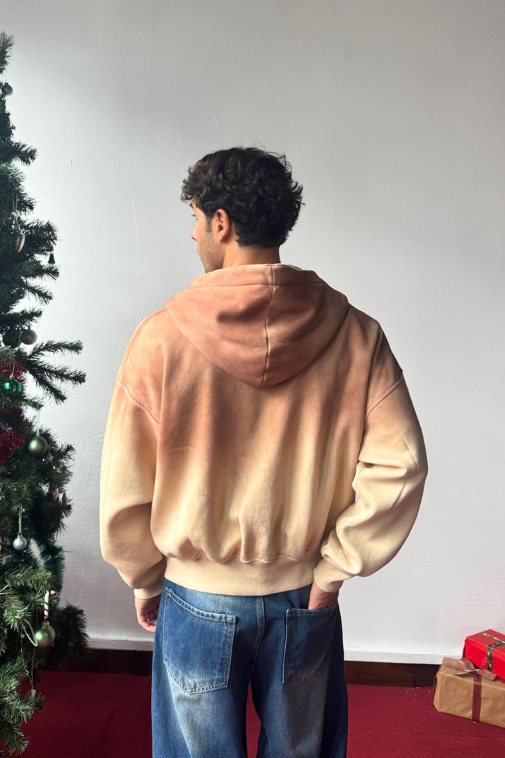 Nakışlı Crop Zip Hoodie Bej
