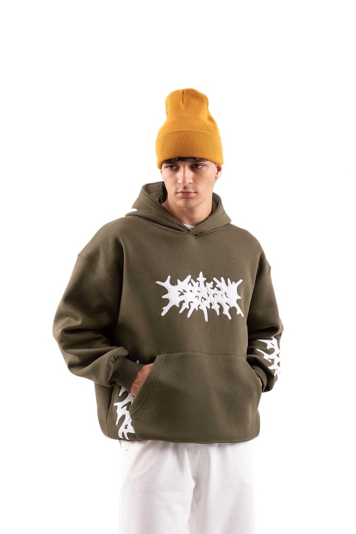 Nakışlı Haki Oversize Hoodie