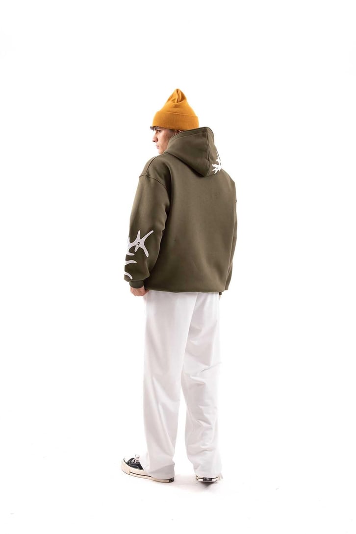 Nakışlı Haki Oversize Hoodie