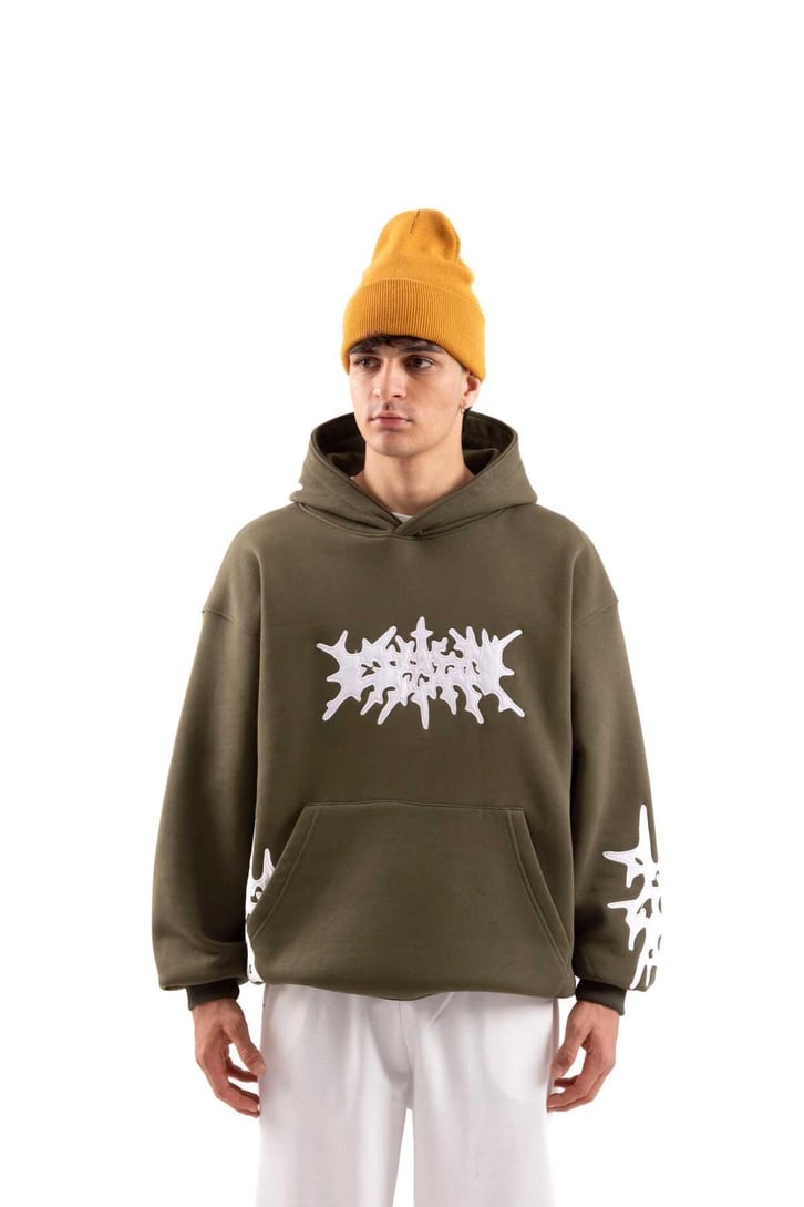 Nakışlı Haki Oversize Hoodie