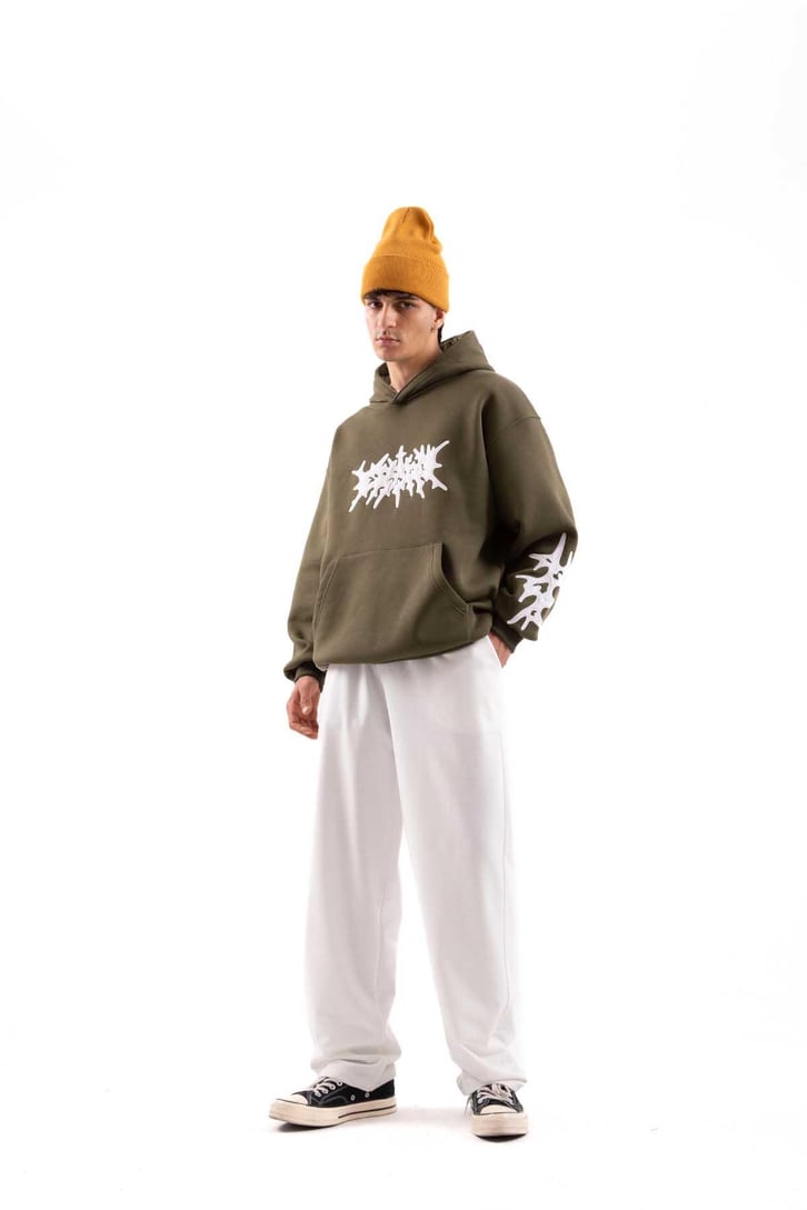 Nakışlı Haki Oversize Hoodie