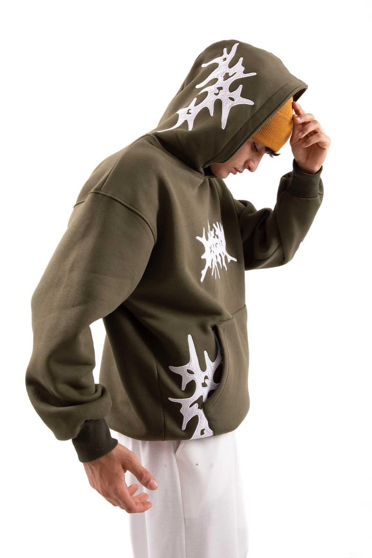 Nakışlı Haki Oversize Hoodie