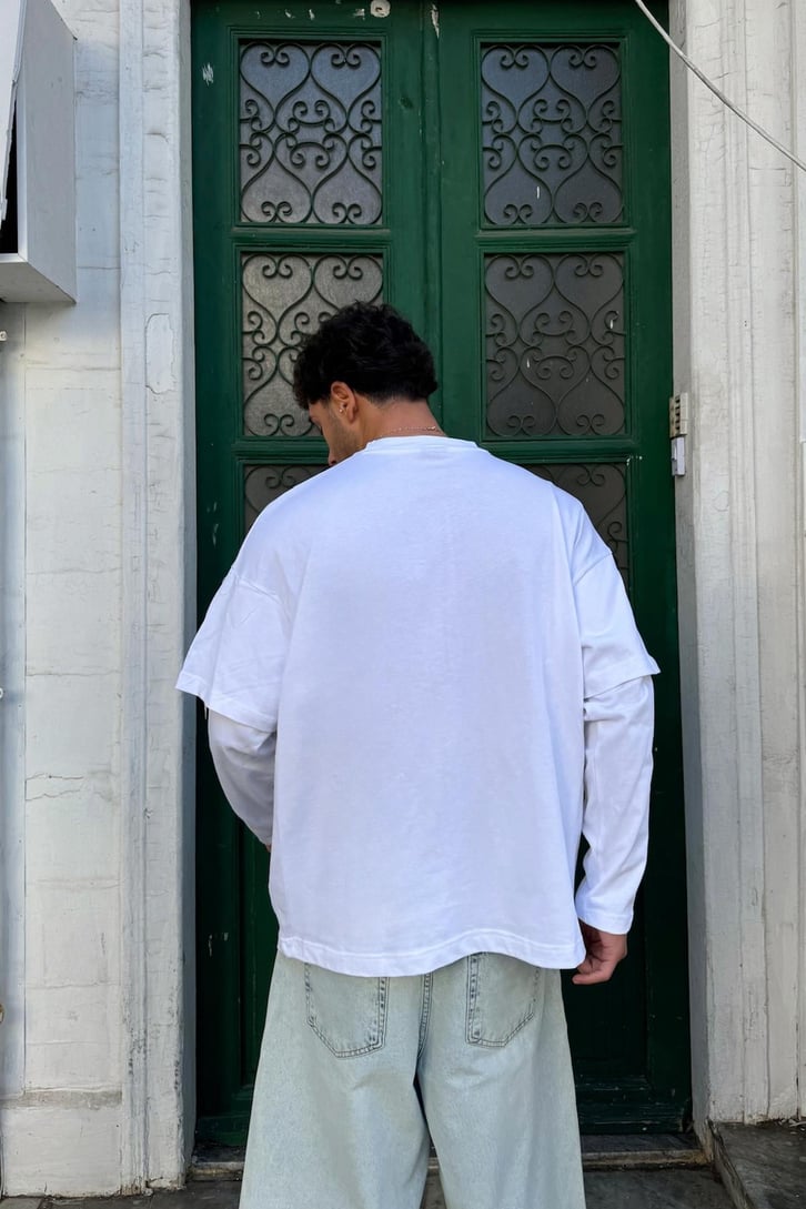 Nakışlı Kol Biye Geçişli Uzun Kol Tişört