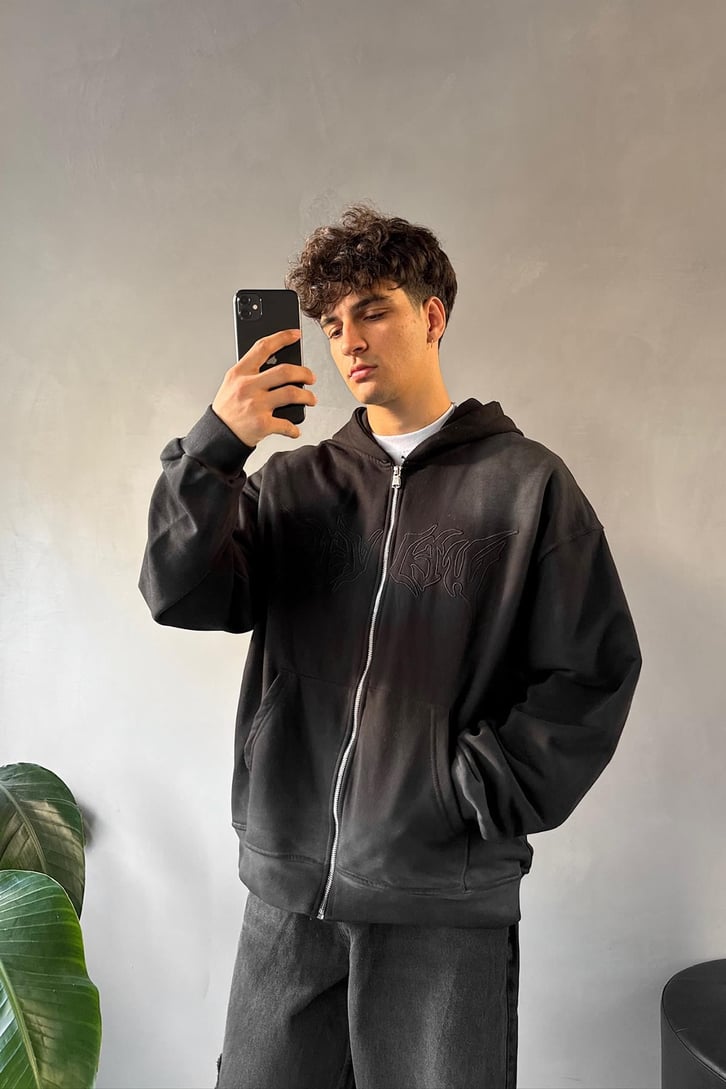 Nakışlı Oversize Zip Hoodie