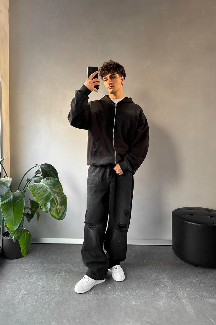 Nakışlı Oversize Zip Hoodie