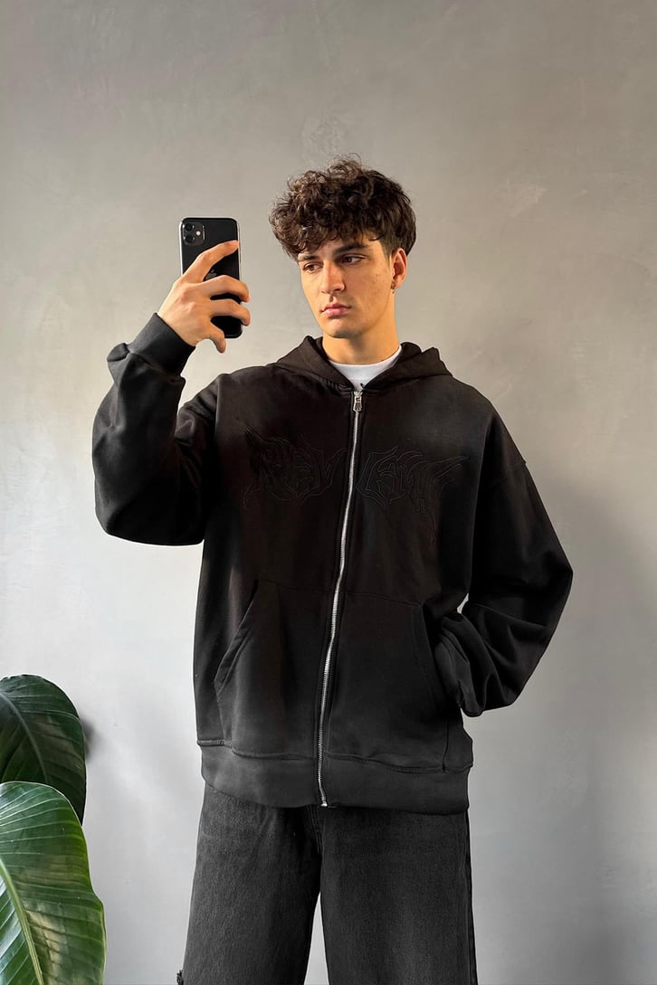 Nakışlı Oversize Zip Hoodie