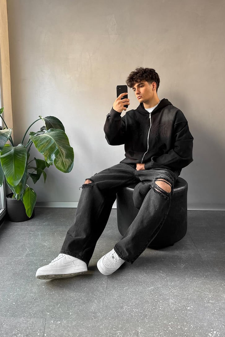 Nakışlı Oversize Zip Hoodie