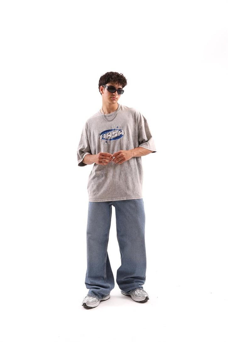 Nasa Nakışlı Acid Wash Oversize Tişört