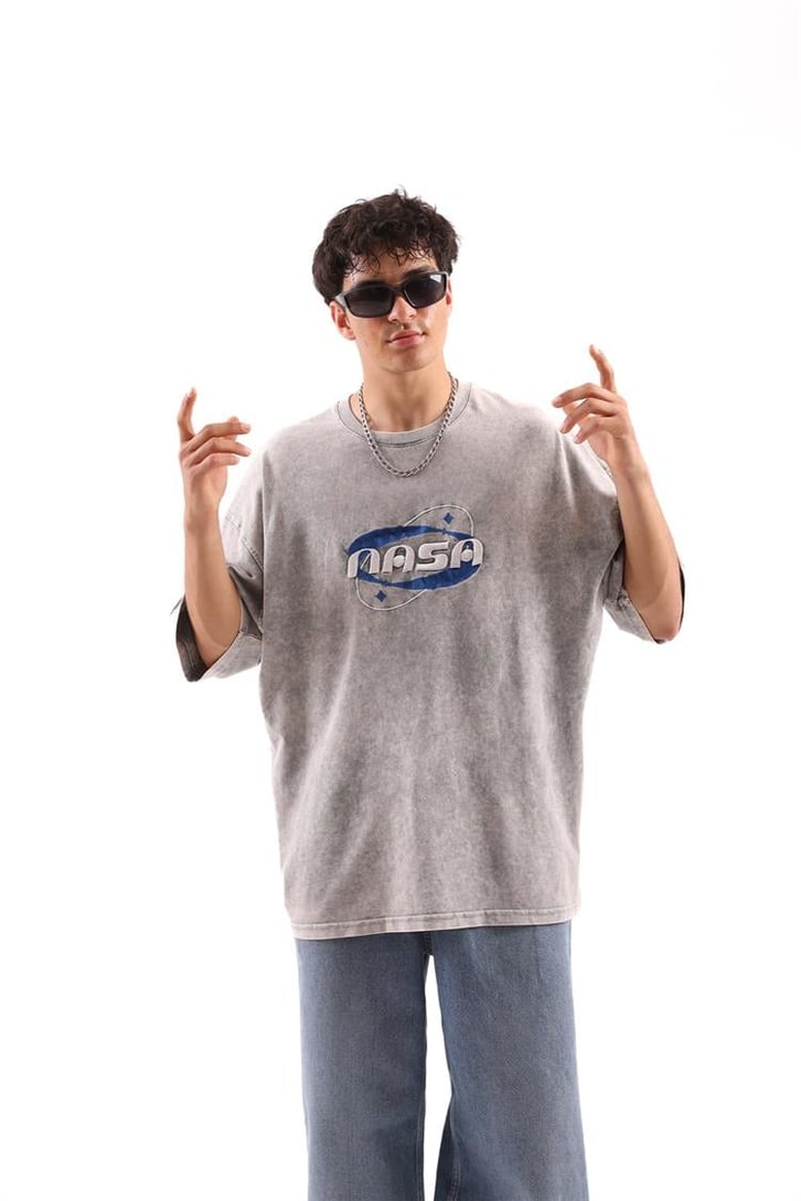 Nasa Nakışlı Acid Wash Oversize Tişört