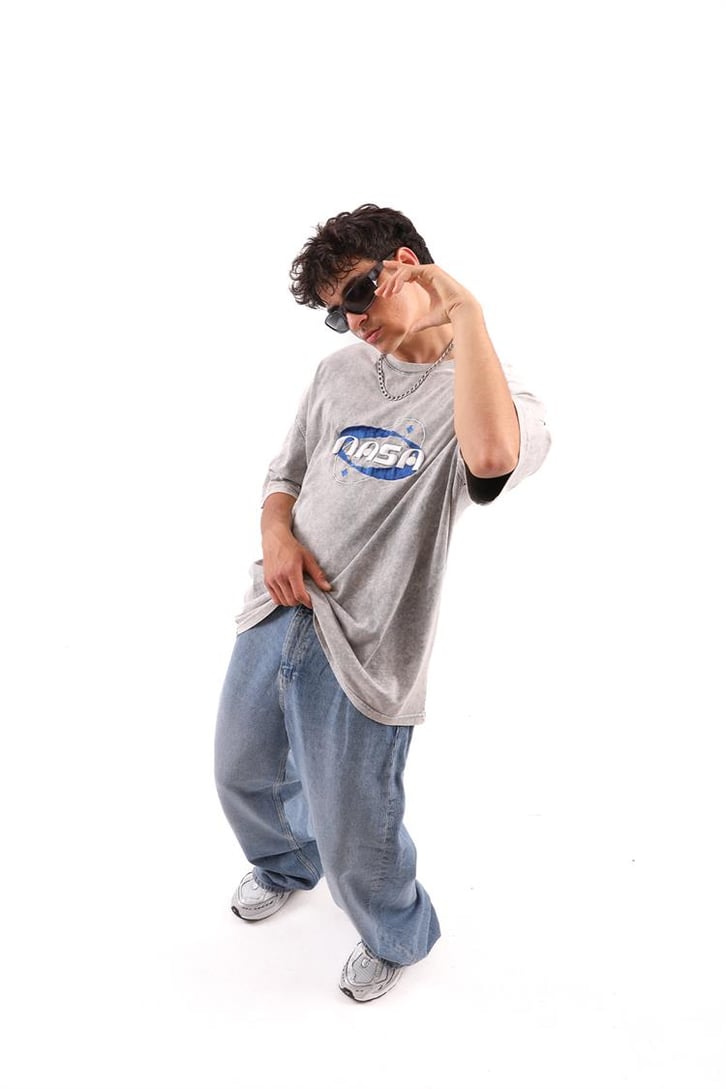 Nasa Nakışlı Acid Wash Oversize Tişört