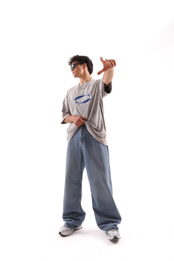 Nasa Nakışlı Acid Wash Oversize Tişört