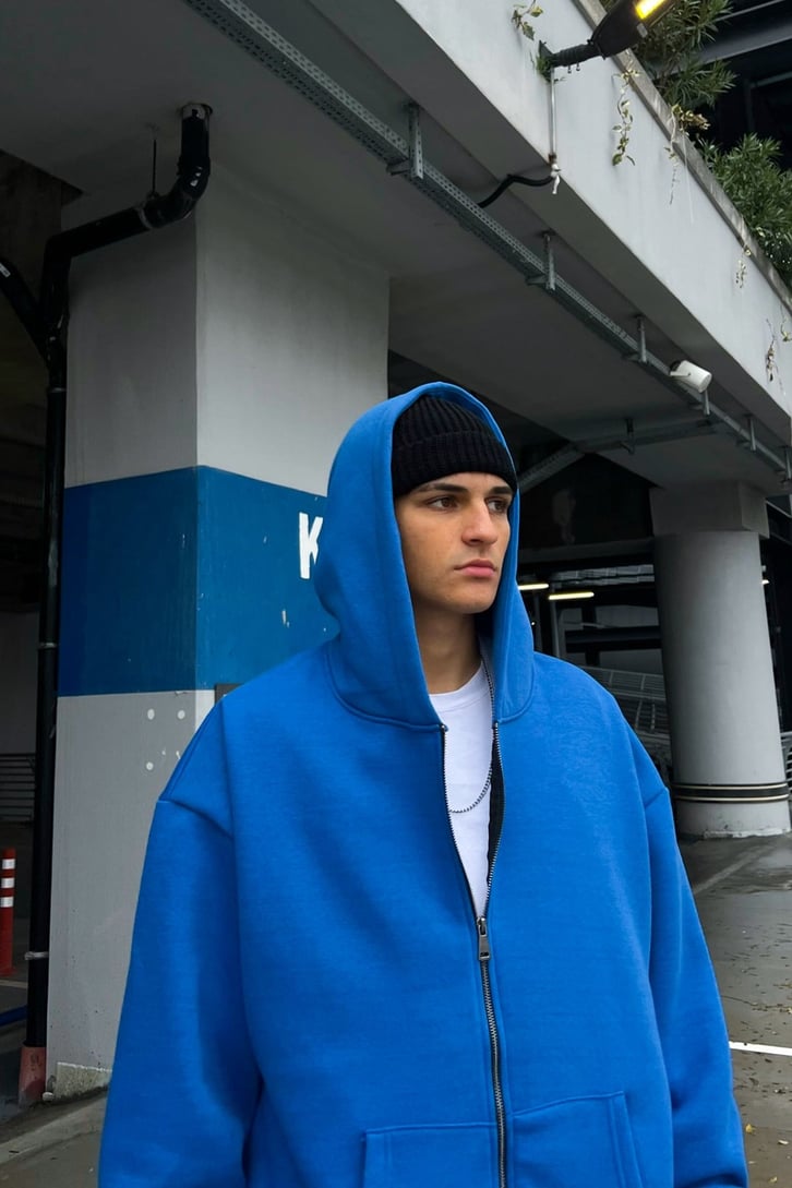 New Emancipation Baskılı Saks Mavisi Oversize Zipper Hoodie