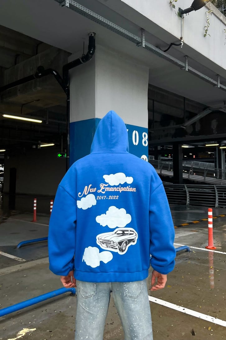 New Emancipation Baskılı Saks Mavisi Oversize Zipper Hoodie