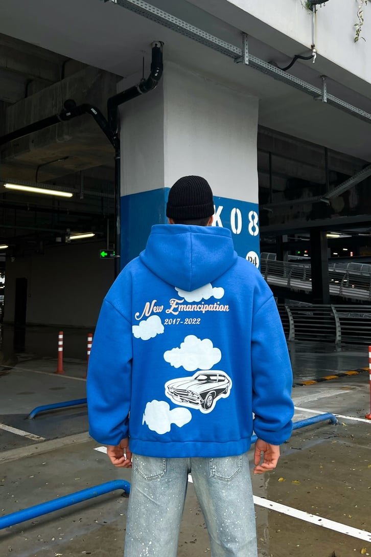 New Emancipation Baskılı Saks Mavisi Oversize Zipper Hoodie