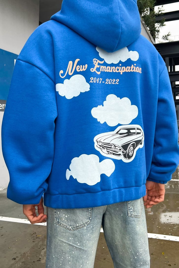 New Emancipation Baskılı Saks Mavisi Oversize Zipper Hoodie