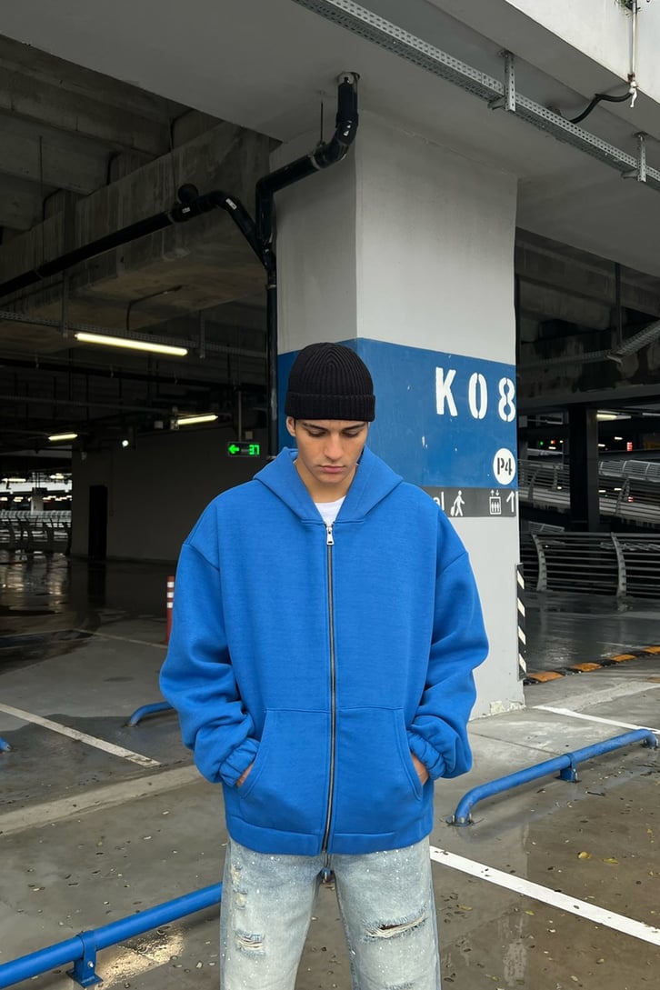 New Emancipation Baskılı Saks Mavisi Oversize Zipper Hoodie