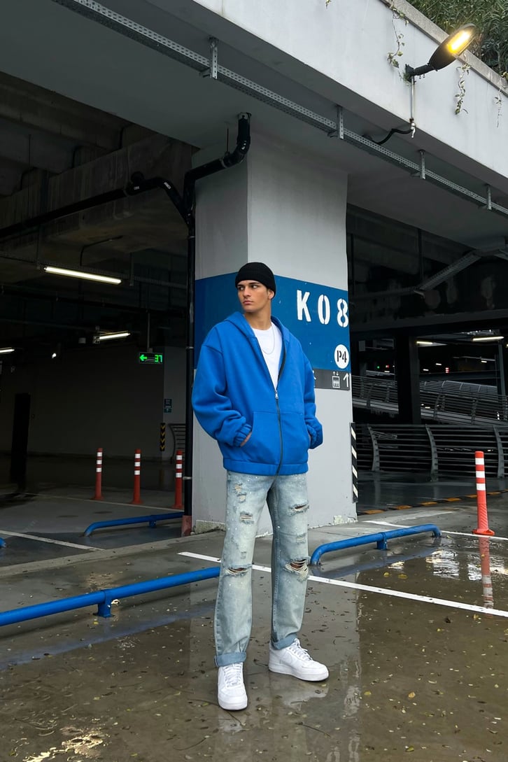 New Emancipation Baskılı Saks Mavisi Oversize Zipper Hoodie