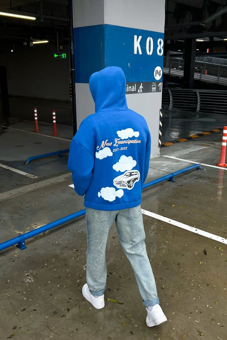 New Emancipation Baskılı Saks Mavisi Oversize Zipper Hoodie
