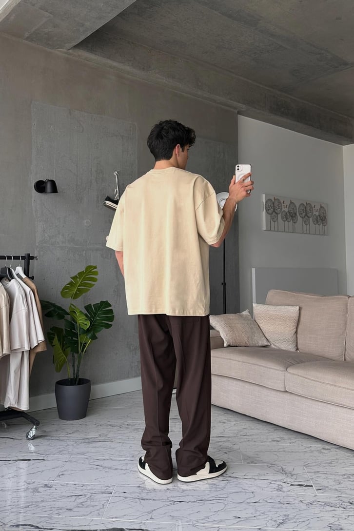 New Orleans Baskılı Bej Oversize Tişört